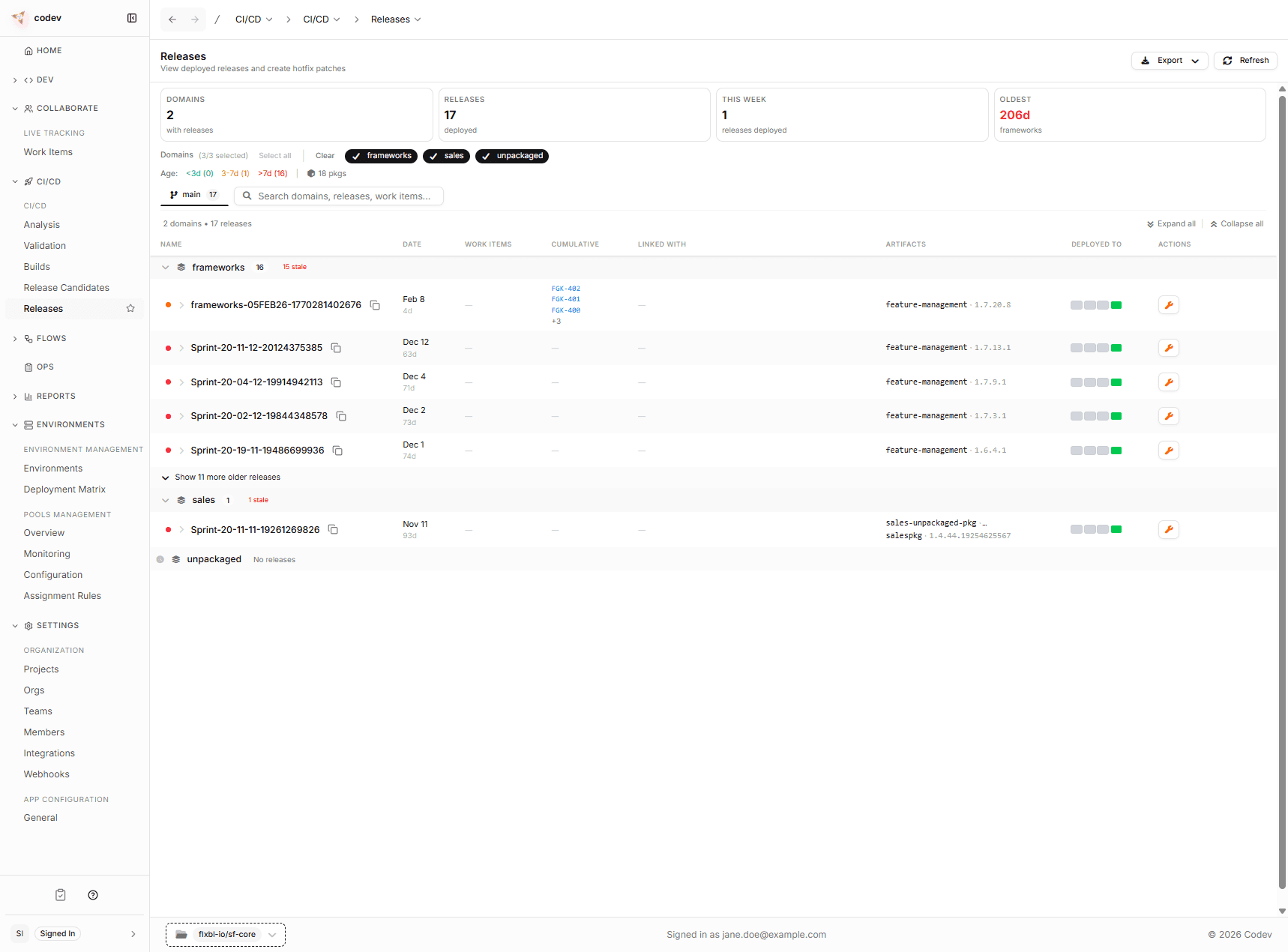 The Releases page showing deployed releases per domain with their artifacts and versions