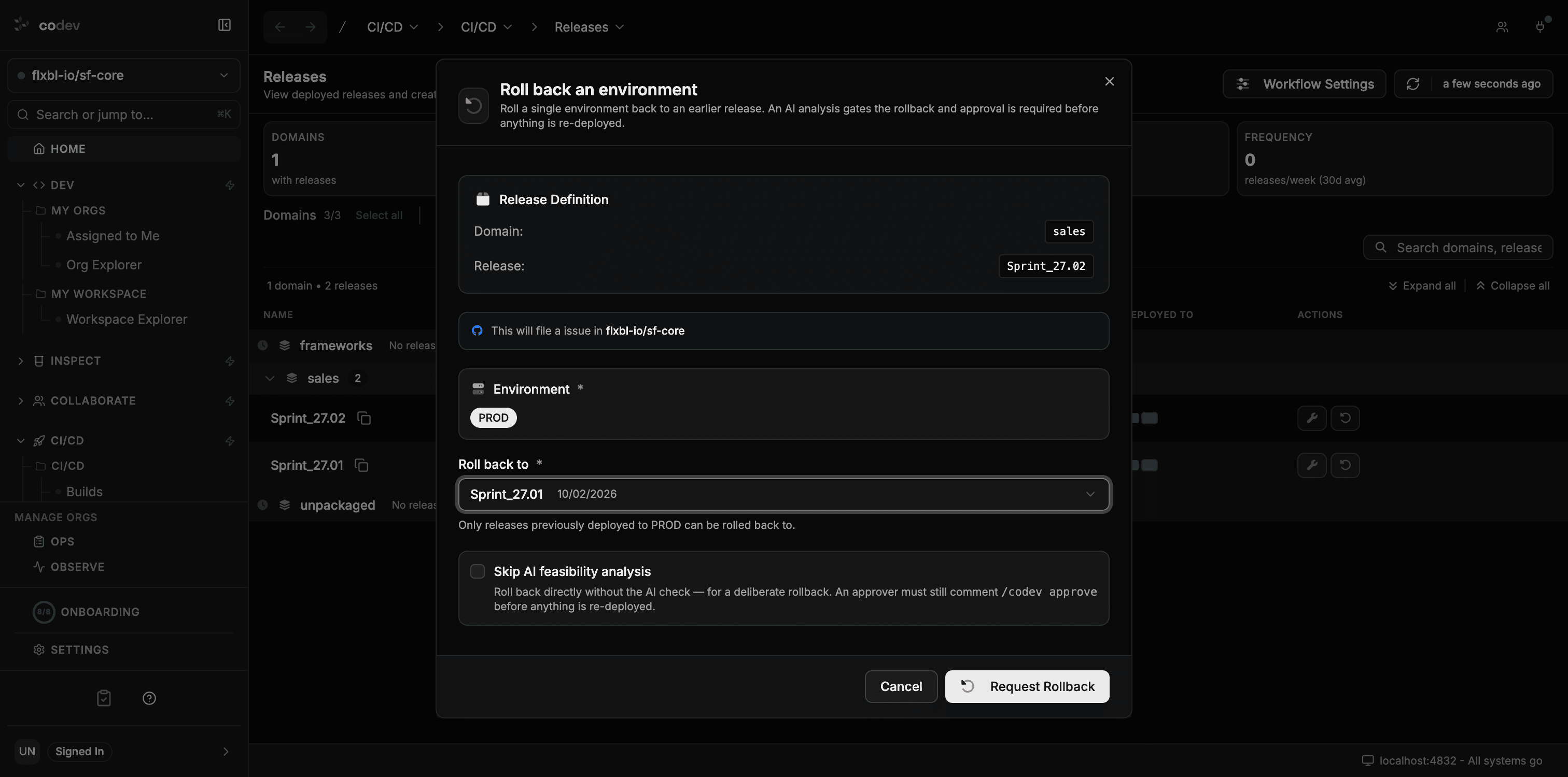 Roll back an environment dialog