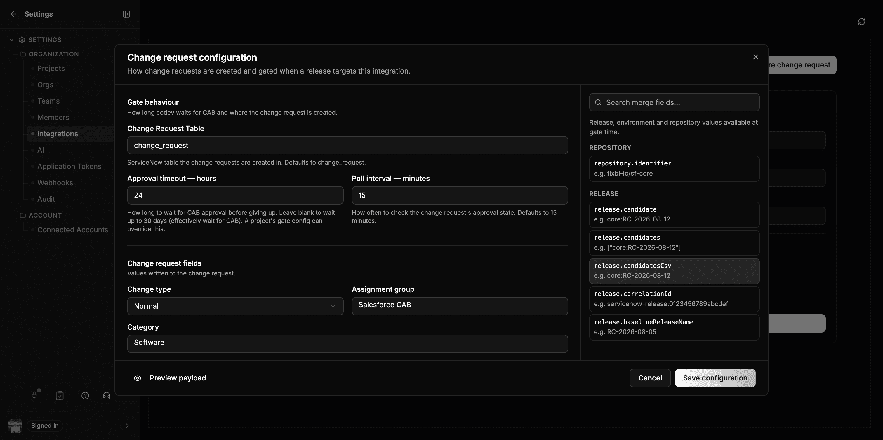The Change request configuration dialog showing gate behaviour and the merge field list