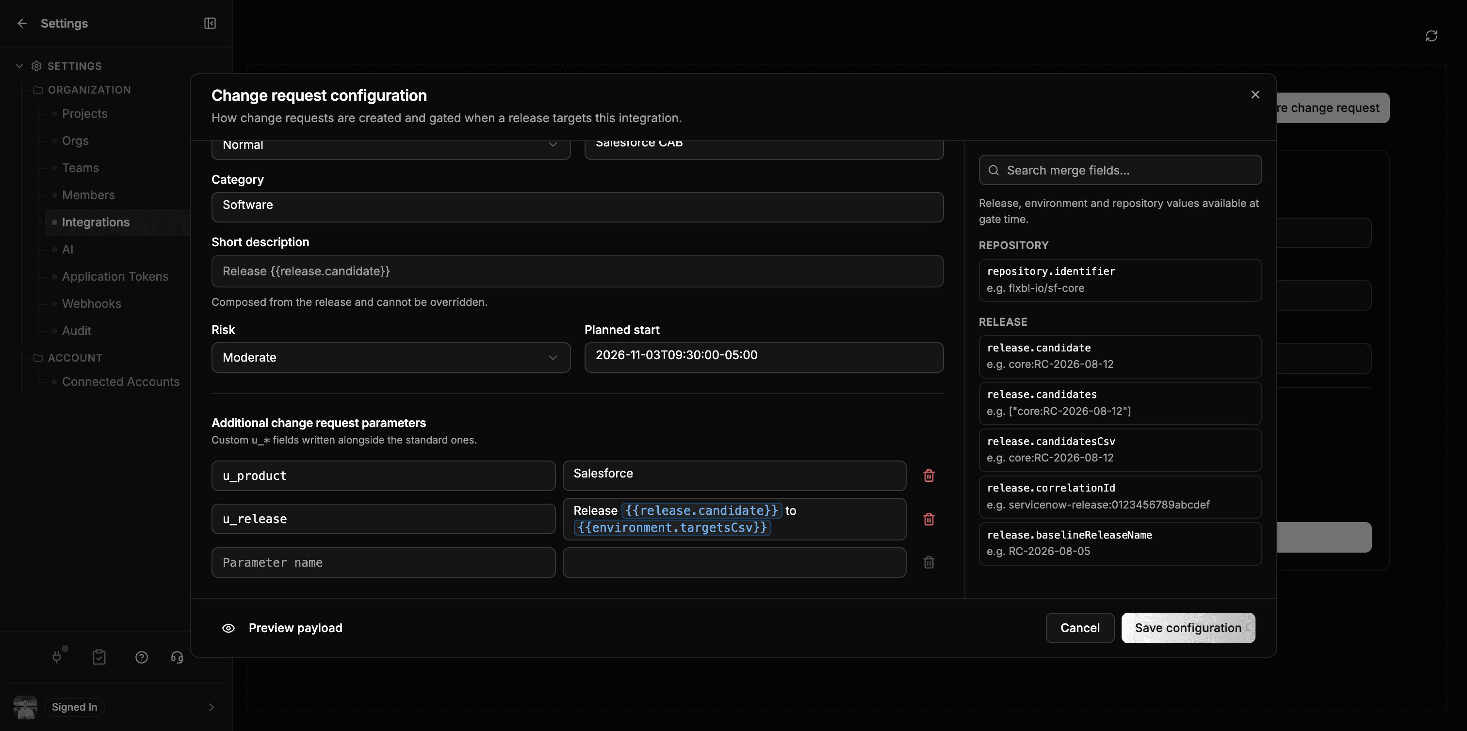 Change request fields with merge field tokens in the short description, and custom u_ parameters below