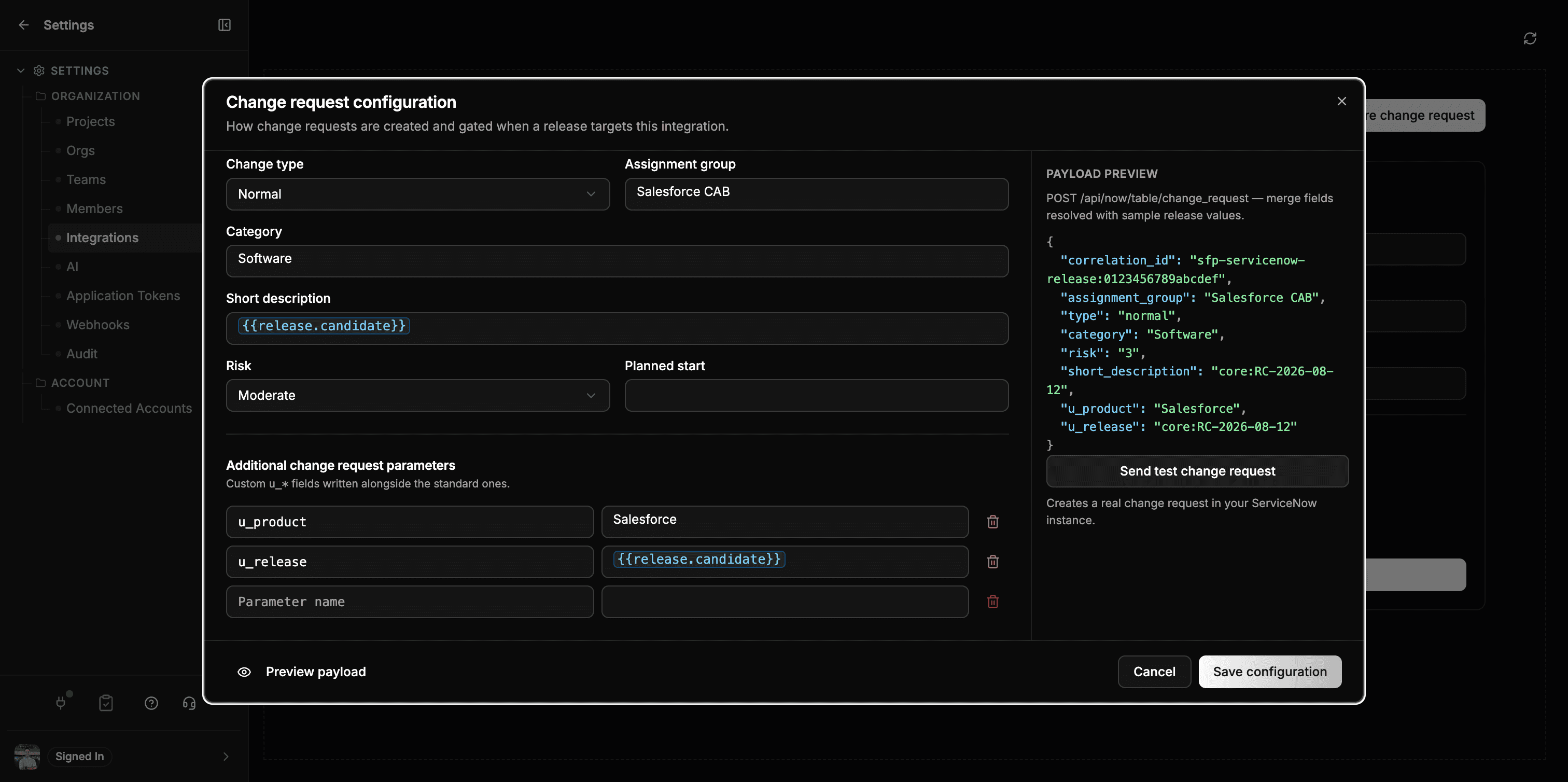 The payload preview showing the resolved JSON body sent to ServiceNow