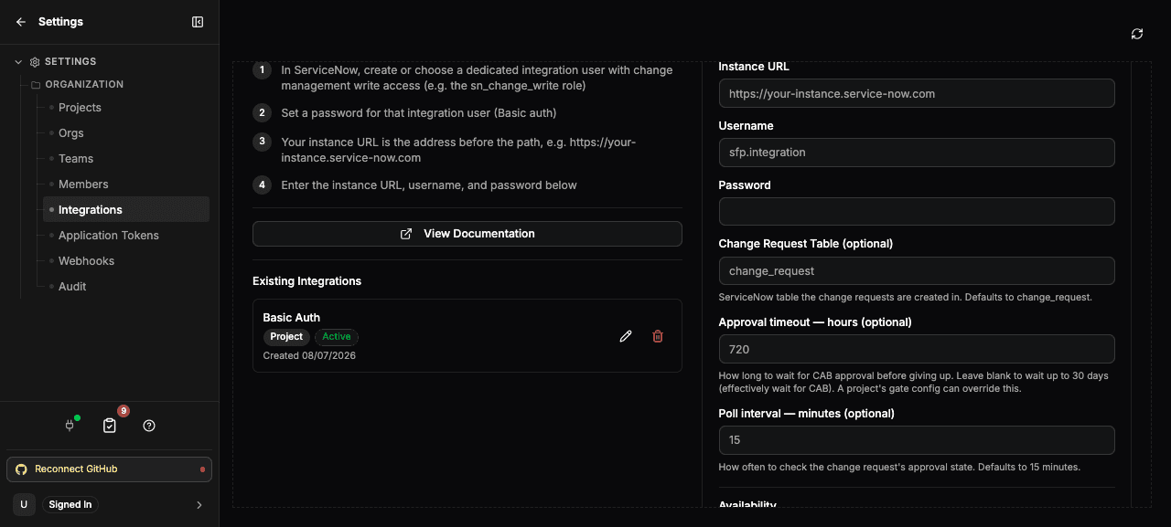 The ServiceNow integration form under Settings > Integrations