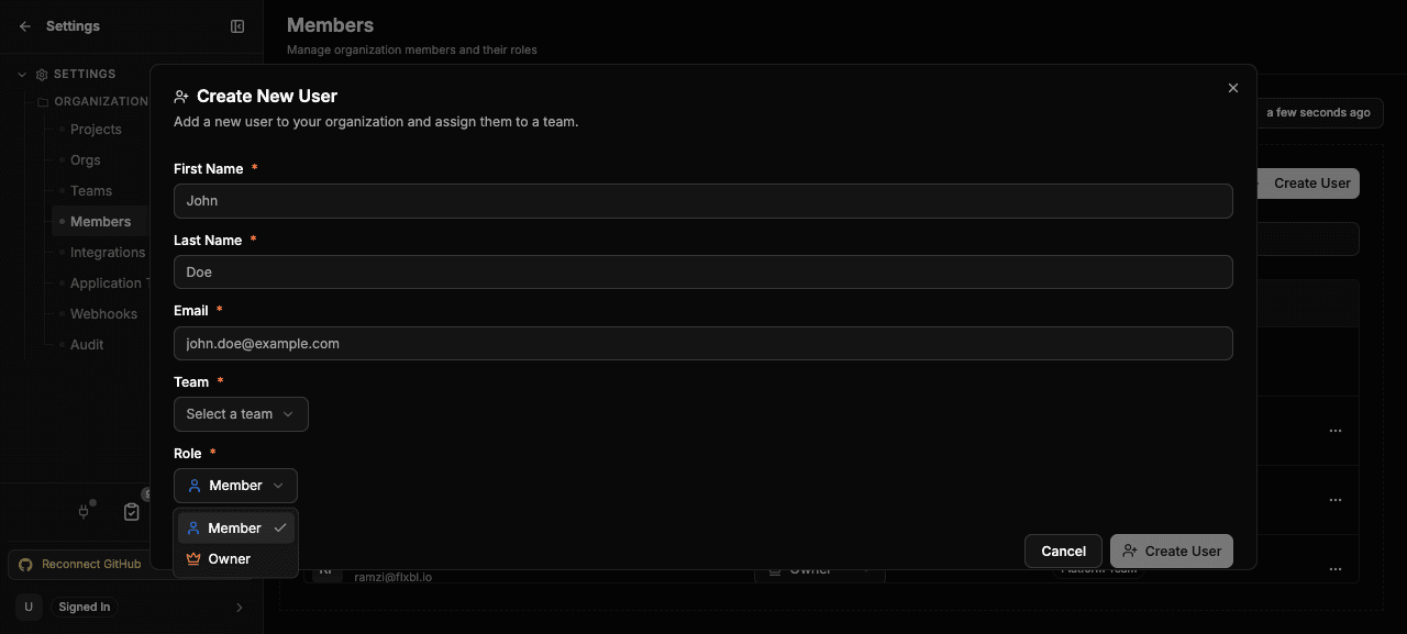 Adding a member with the Member role under Settings > Members