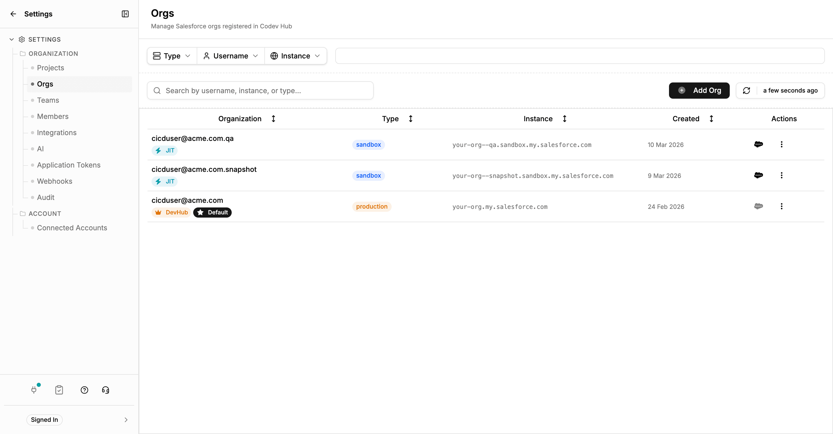 Settings > Orgs listing the registered orgs with their type, instance host, and DevHub and JIT markers