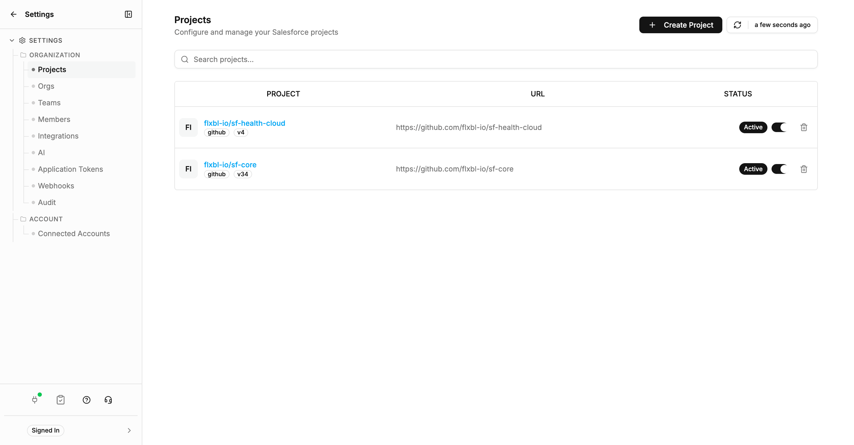 Settings > Projects listing the instance's projects, each mapping to a repository URL with its status