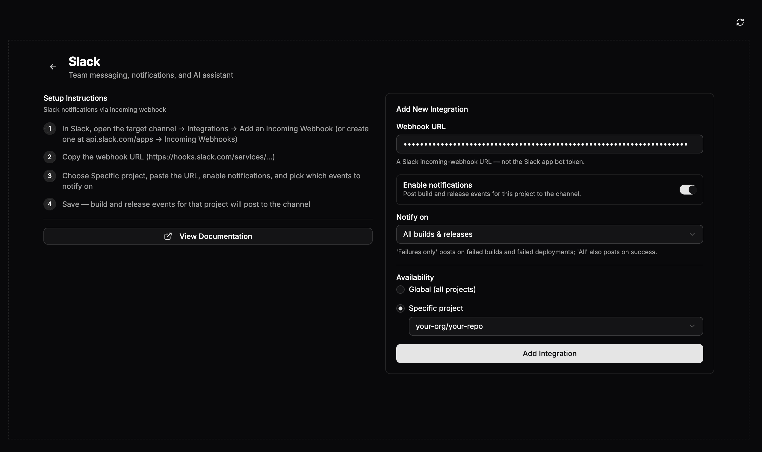 The Slack Webhook (Notifications) integration form