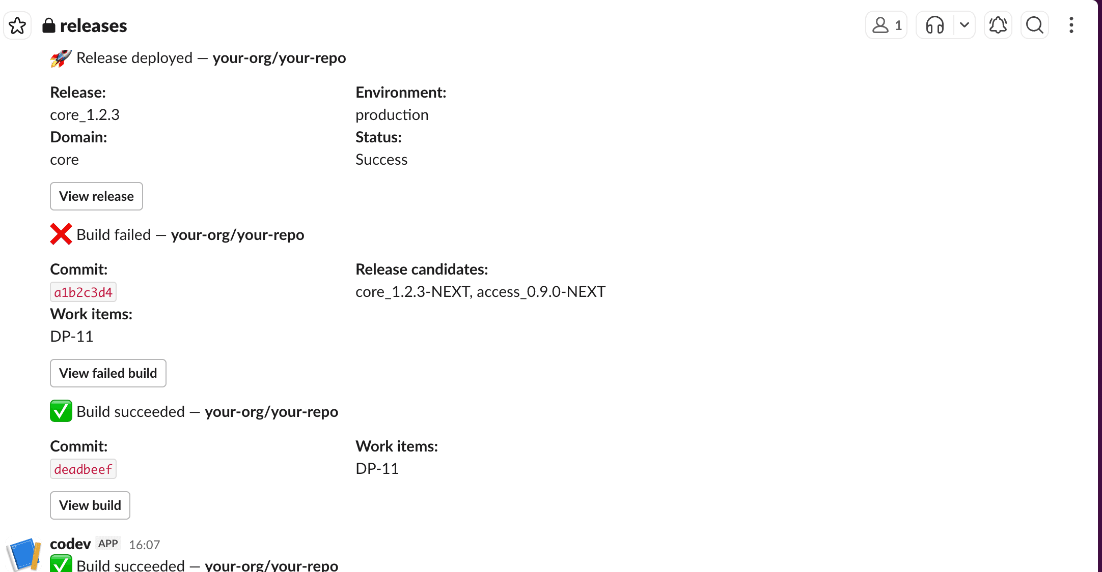 Build and release notifications posted to a Slack channel