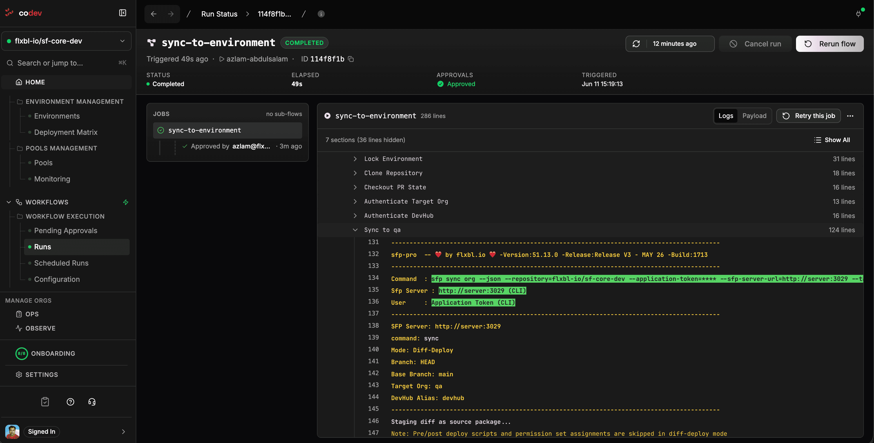 A sync-to-environment run in Workflows > Runs