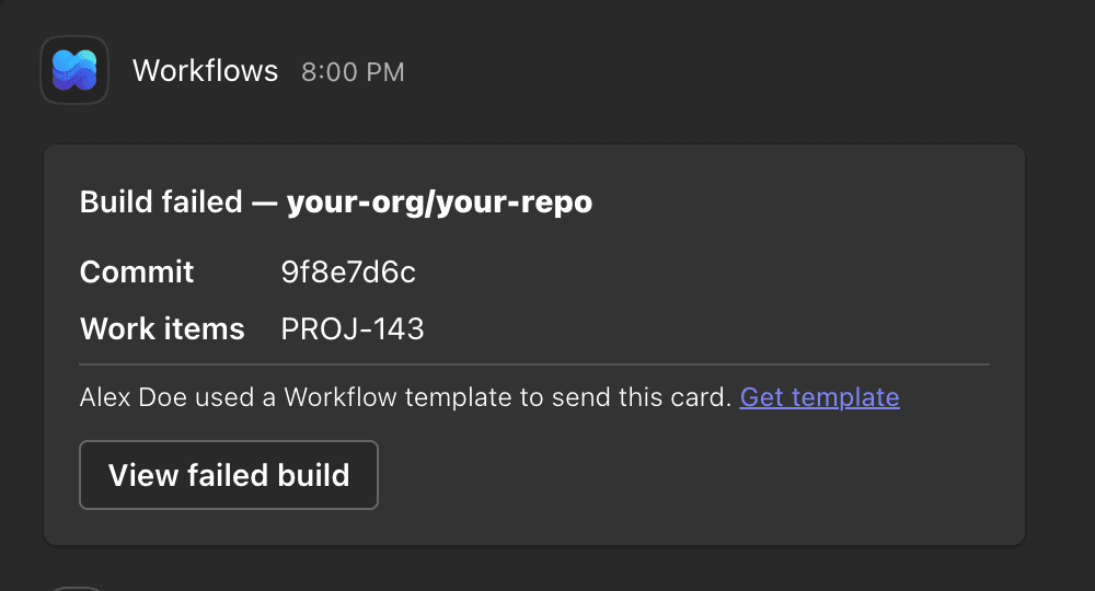 A build-failed Adaptive Card posted to a Teams channel