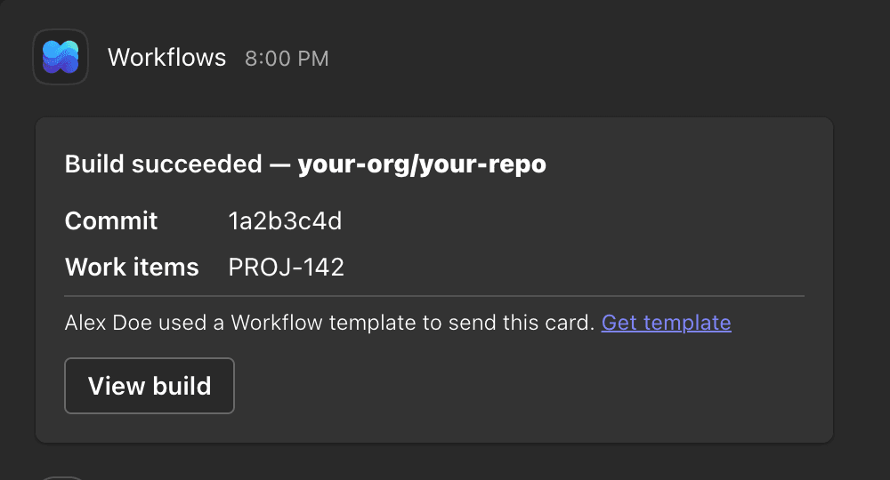 A build-succeeded Adaptive Card posted to a Teams channel