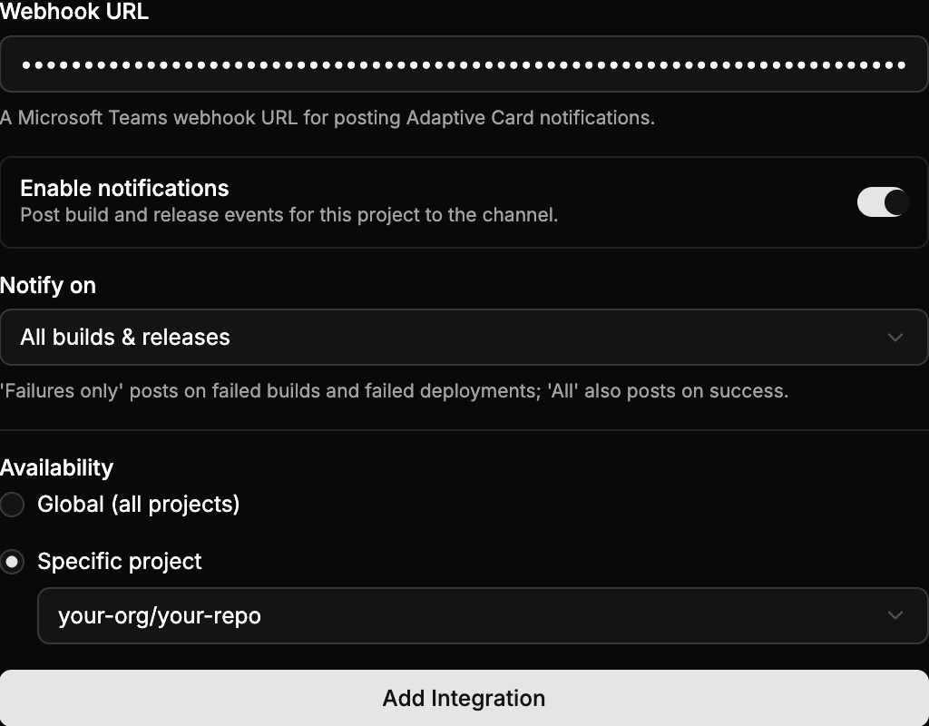 The Microsoft Teams Webhook (Notifications) integration form