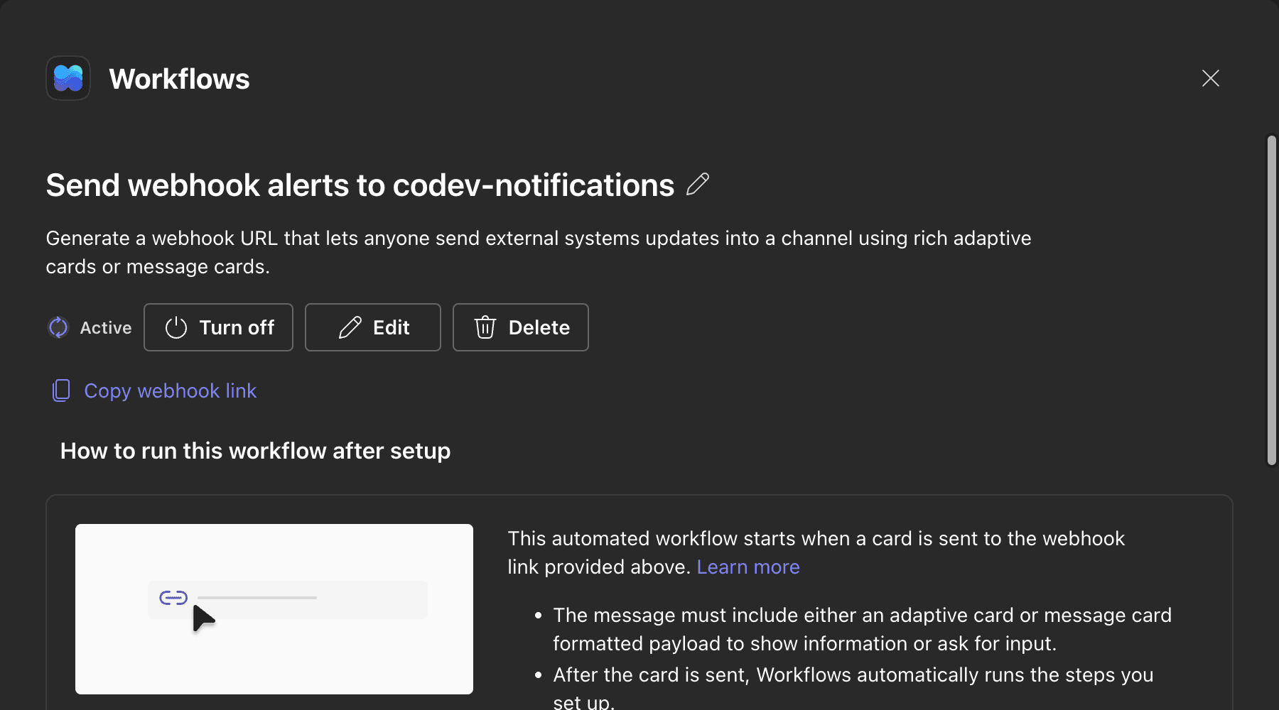 The created workflow with the Copy webhook link action