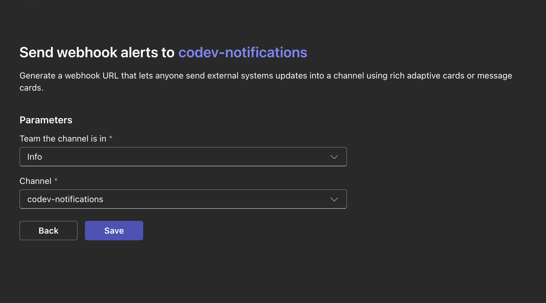 The Send webhook alerts template with team and channel parameters