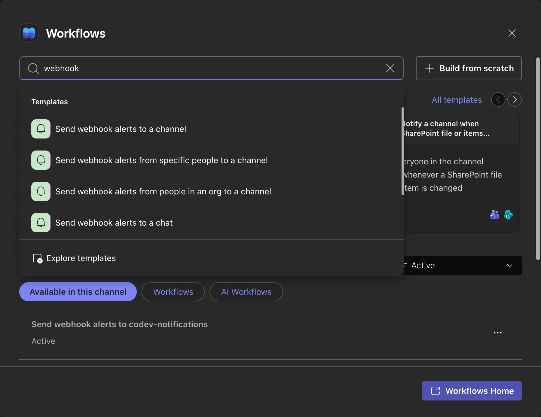 The Teams Workflows template gallery filtered to webhook templates