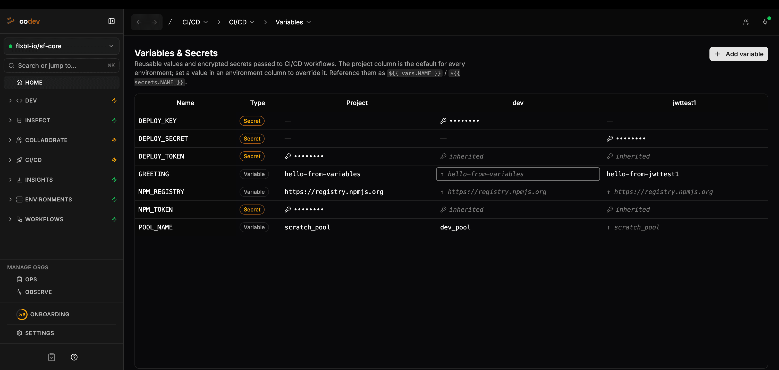 Variables and Secrets page