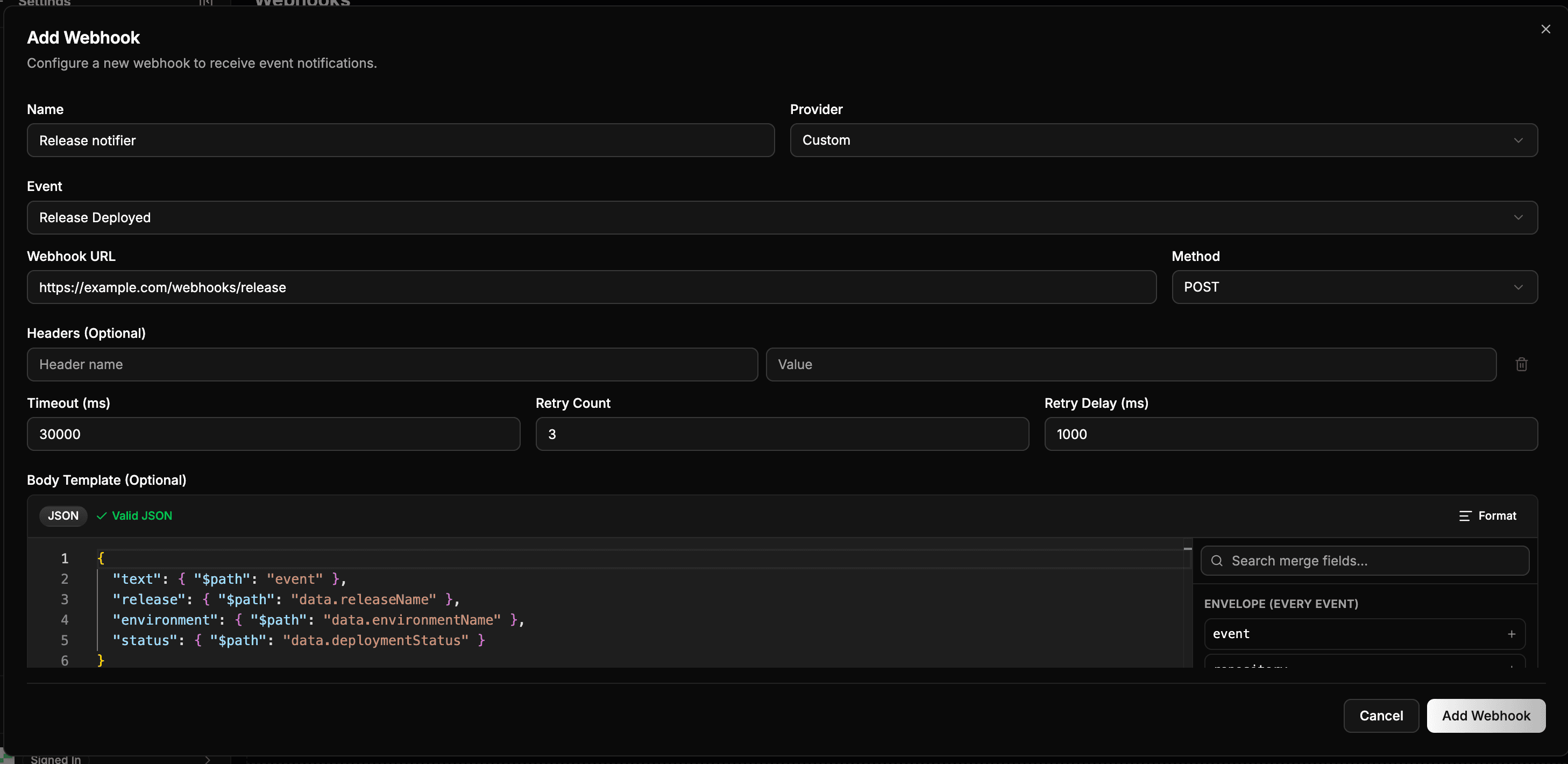 The Add Webhook dialog with the event, URL, method, retry settings, and body-template editor