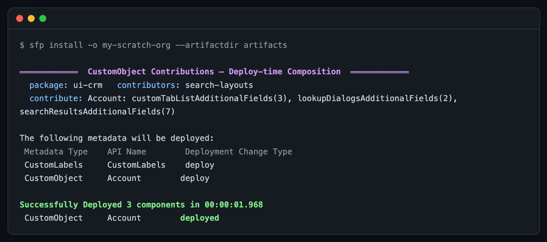 sfp install log showing the search-layout contributor composing the Account search layout and deploying the CustomObject