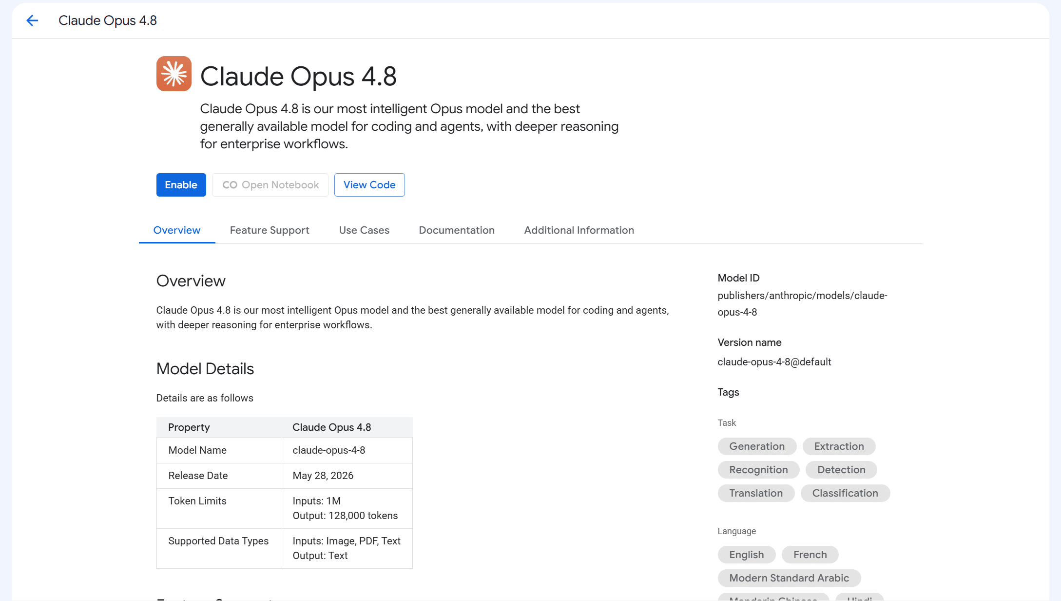 The Claude Opus model page in Vertex AI Model Garden, showing the Enable button and the Model ID
