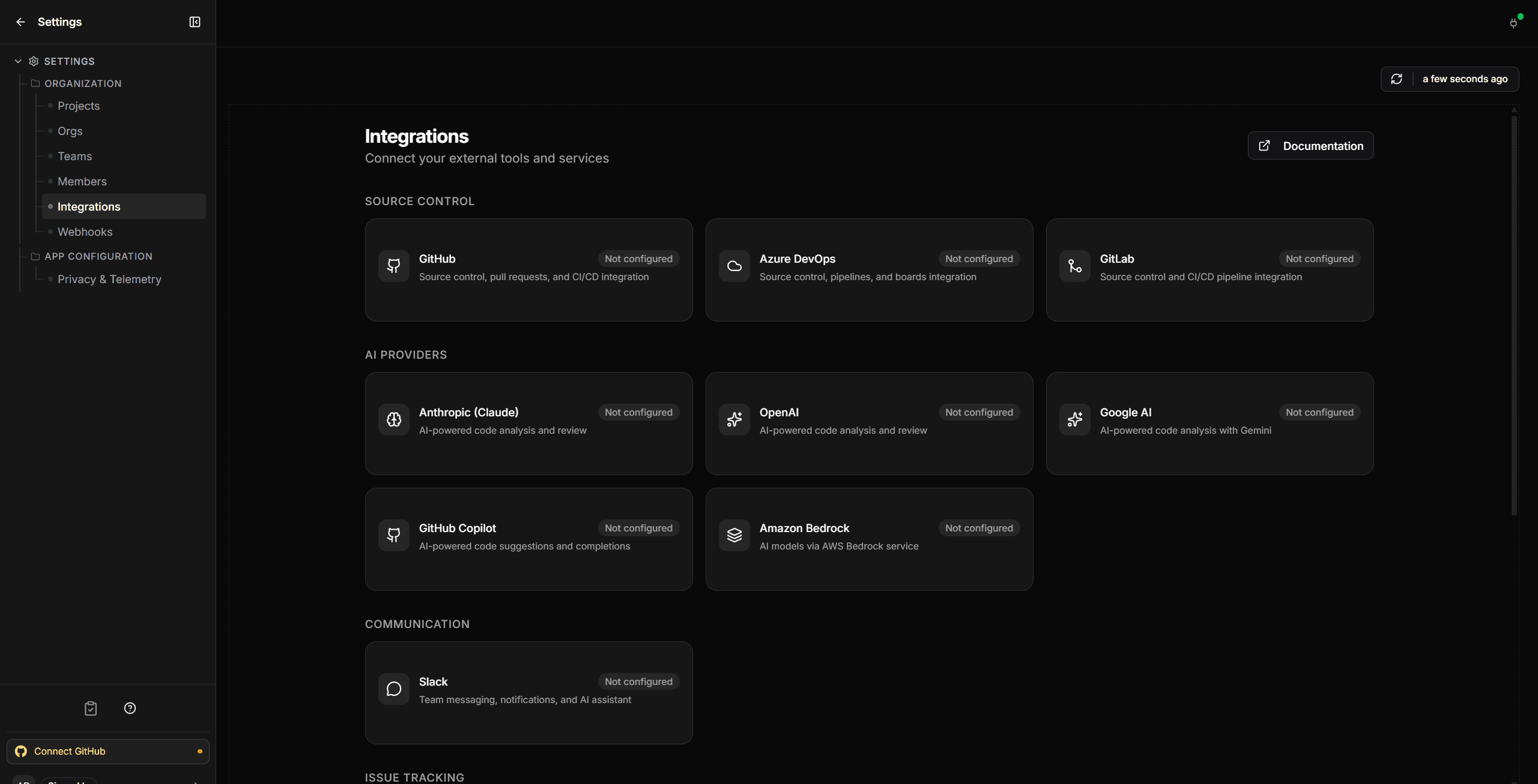 The AI Providers section of Settings -> Integrations, showing provider cards including Anthropic, OpenAI, Google AI, GitHub Copilot, and Amazon Bedrock