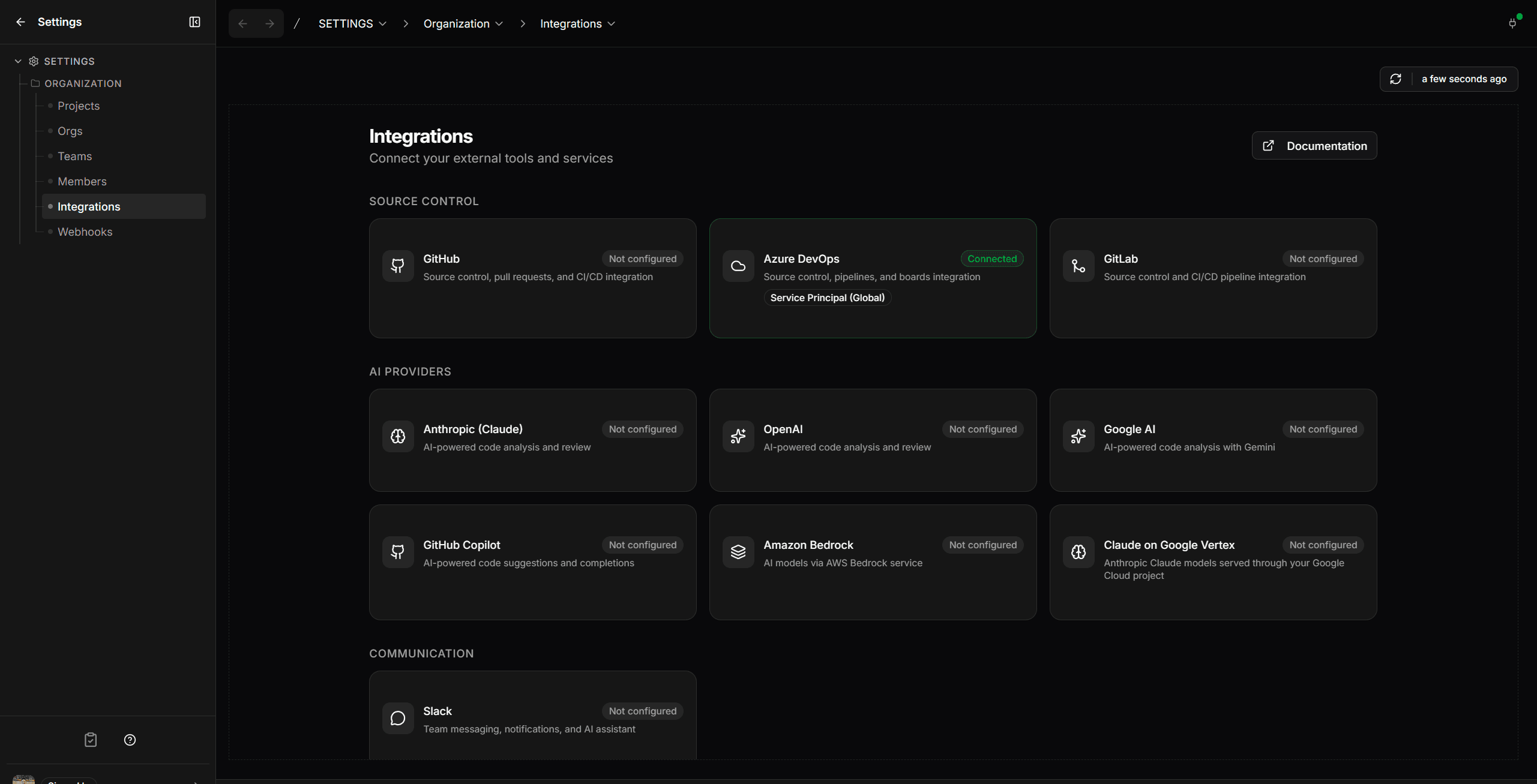 The AI Providers section of Settings -> Integrations, showing provider cards including Anthropic, OpenAI, Google AI, GitHub Copilot, Amazon Bedrock, and Claude on Google Vertex