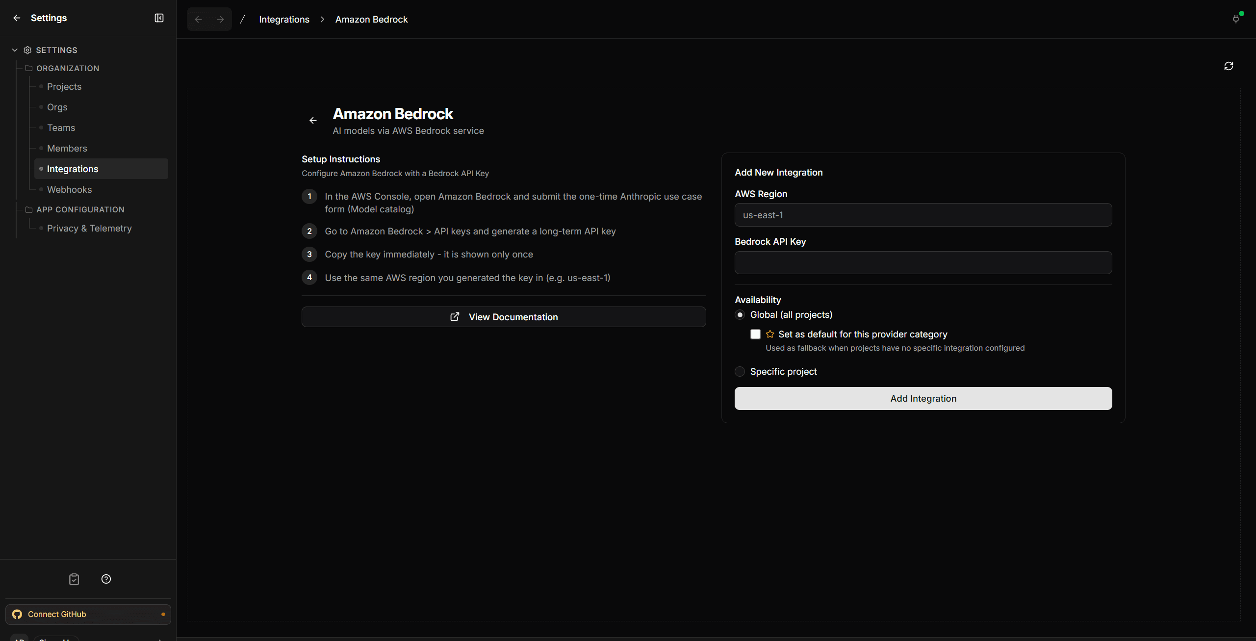 The Amazon Bedrock connect form showing the setup instructions and fields for AWS Region and Bedrock API Key
