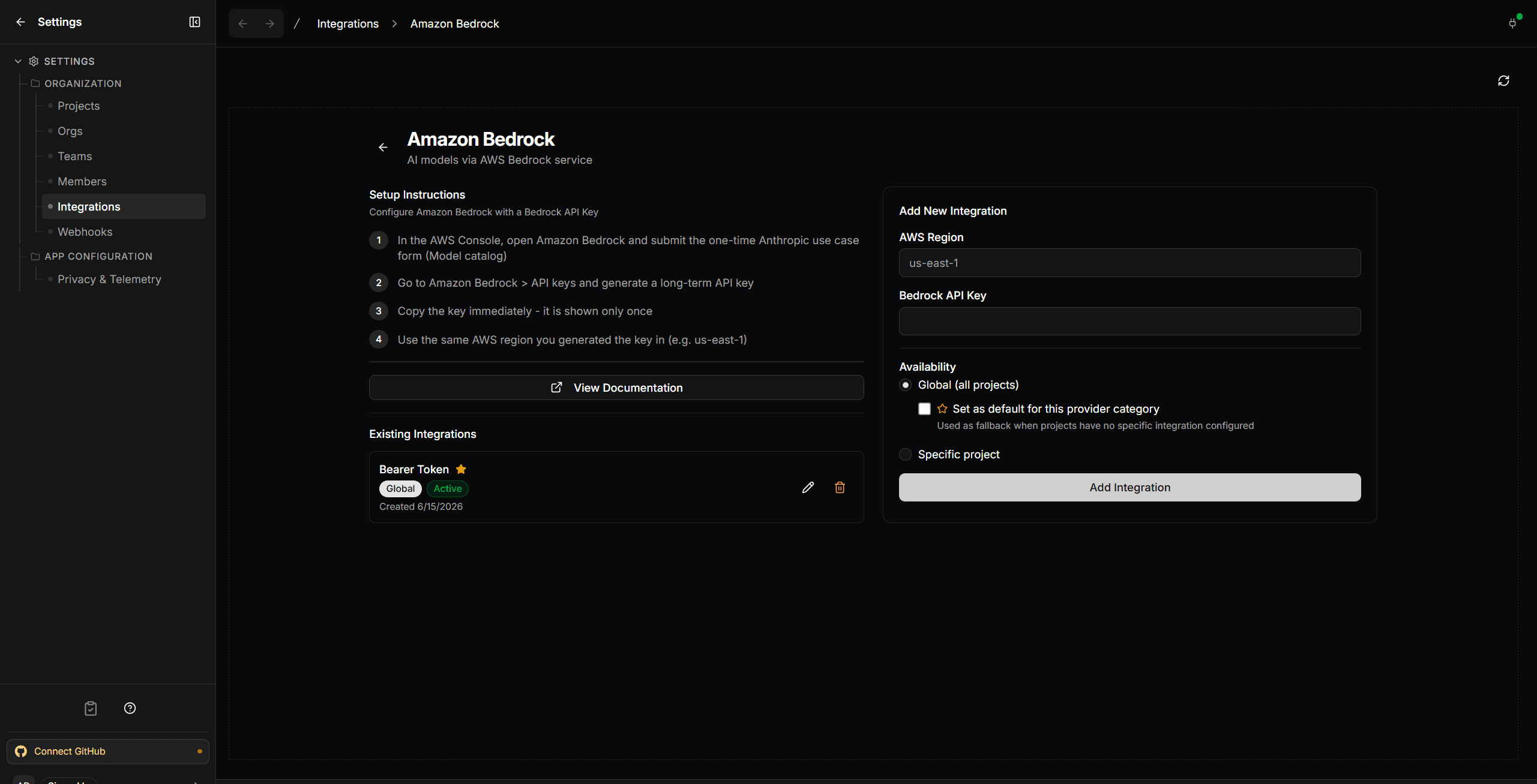 The Amazon Bedrock integration page showing a connected Bearer Token integration marked Global and Active