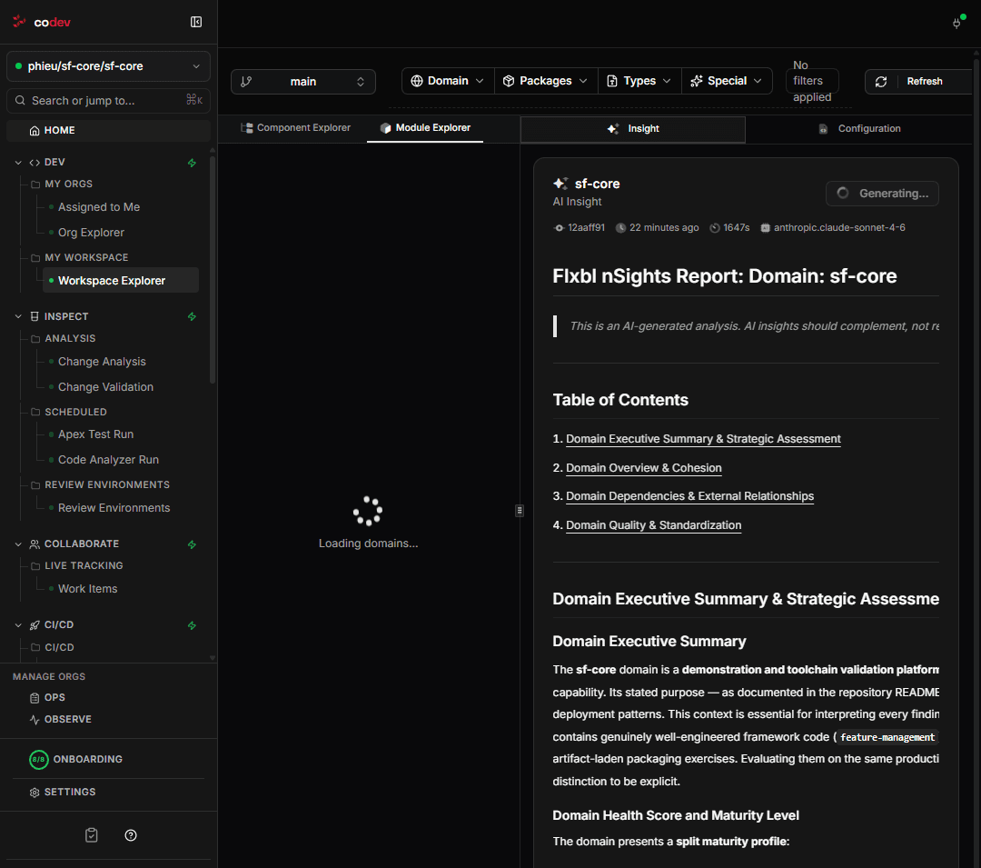 A generated AI insight report for a domain, produced through the connected Amazon Bedrock integration