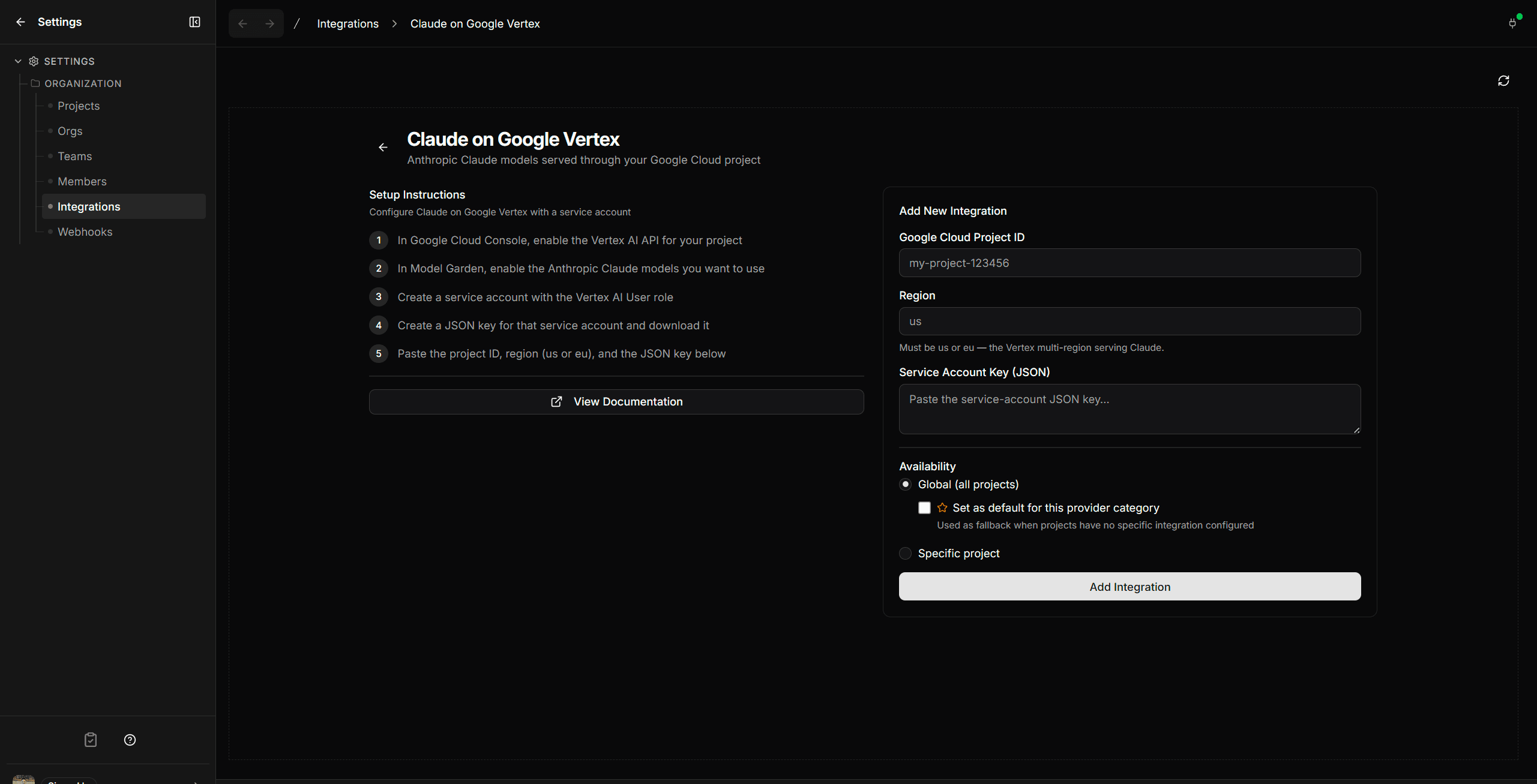 The Claude on Google Vertex connect form showing fields for Google Cloud Project ID, Region, and Service Account Key (JSON)