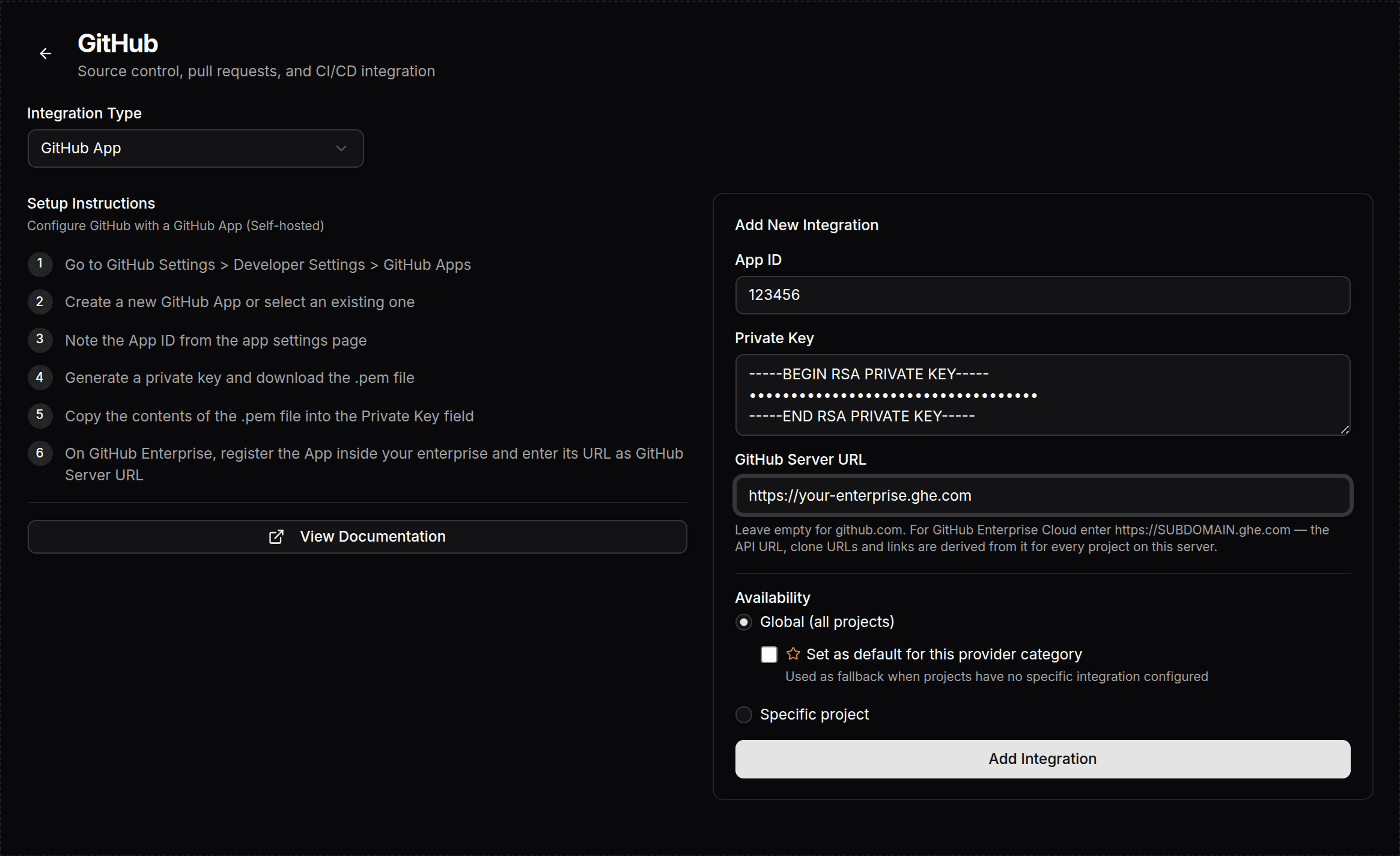 The GitHub App form in Settings → Integrations → GitHub with a GitHub Server URL of https://your-enterprise.ghe.com and availability set to Global